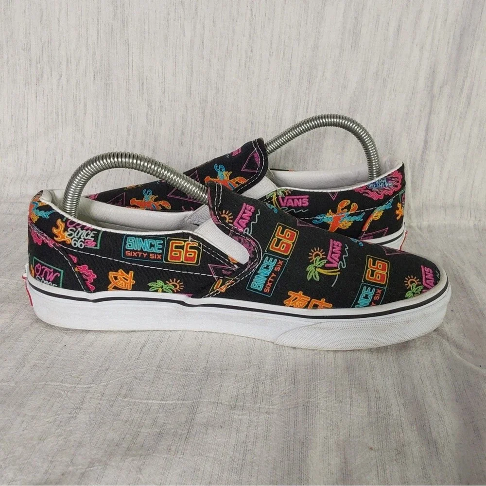 Vans Classic Slip-On Market Black Neon Signs Seafood Mens 8 Womens 9.5